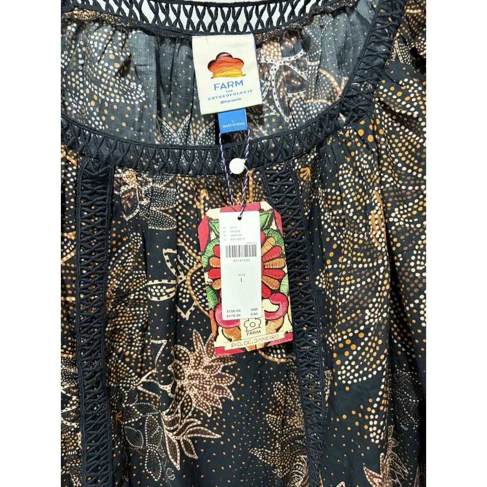 NWT FARM Rio x Anthropologie Floral Puff Sleeve Cotton Blouse Black Size L